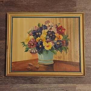 1948 Paul Haack Still Life Pansies in a Vase Framed Oil Painting On Board ~15x18